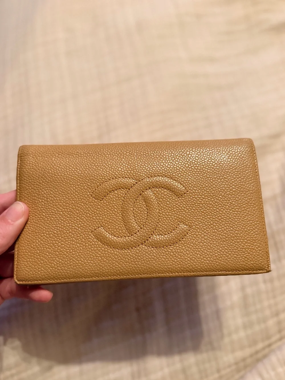 CHANEL Camel Pebbled Leather Continental Wallet with Embossed CC
